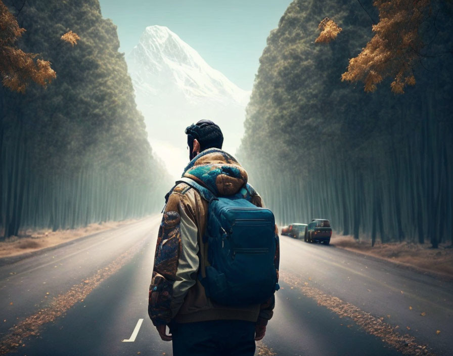Traveler with backpack on tree-lined road staring at distant snow-capped mountain