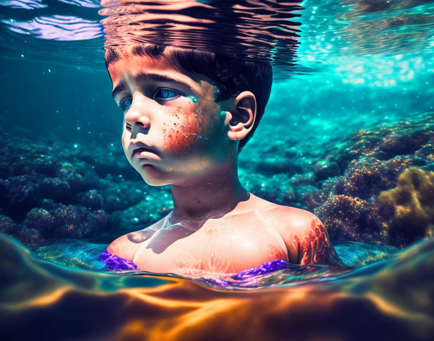 Child with blue eyes submerged in clear water with coral reef below.
