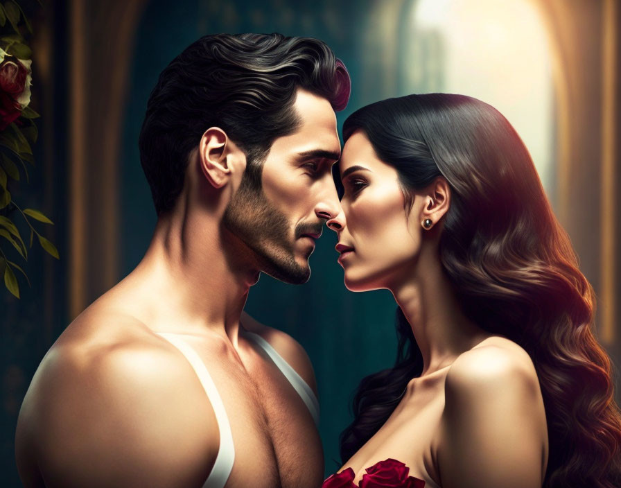 Digital illustration of man and woman in romantic pose, dark hair, intense gazes, indoor setting.
