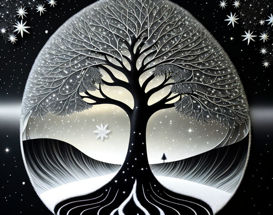 Monochromatic tree image with intricate branches on starry night background