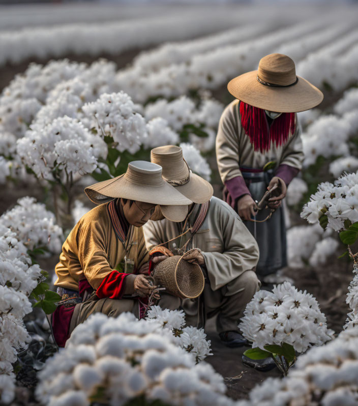 Two people in wide-brimmed hats caring for white flowers in a field at golden hour