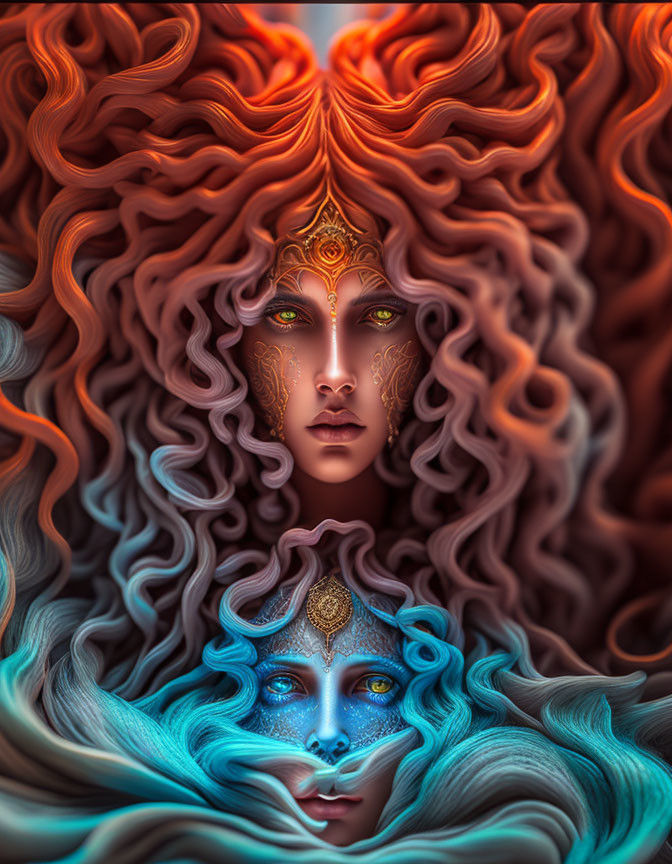 Digital Art: Two Faces with Ornate Headpieces and Vibrant Hair