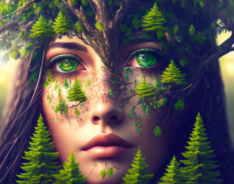 Close-up Woman's Face Blended with Vibrant Green Forest Elements