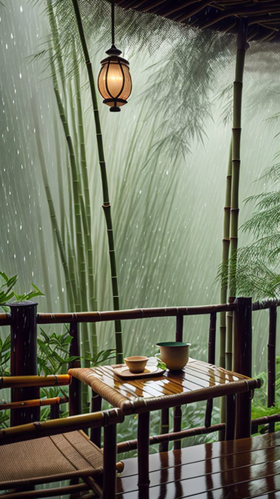 Balcony scene with bamboo chairs, cups, lantern, rain, and greenery