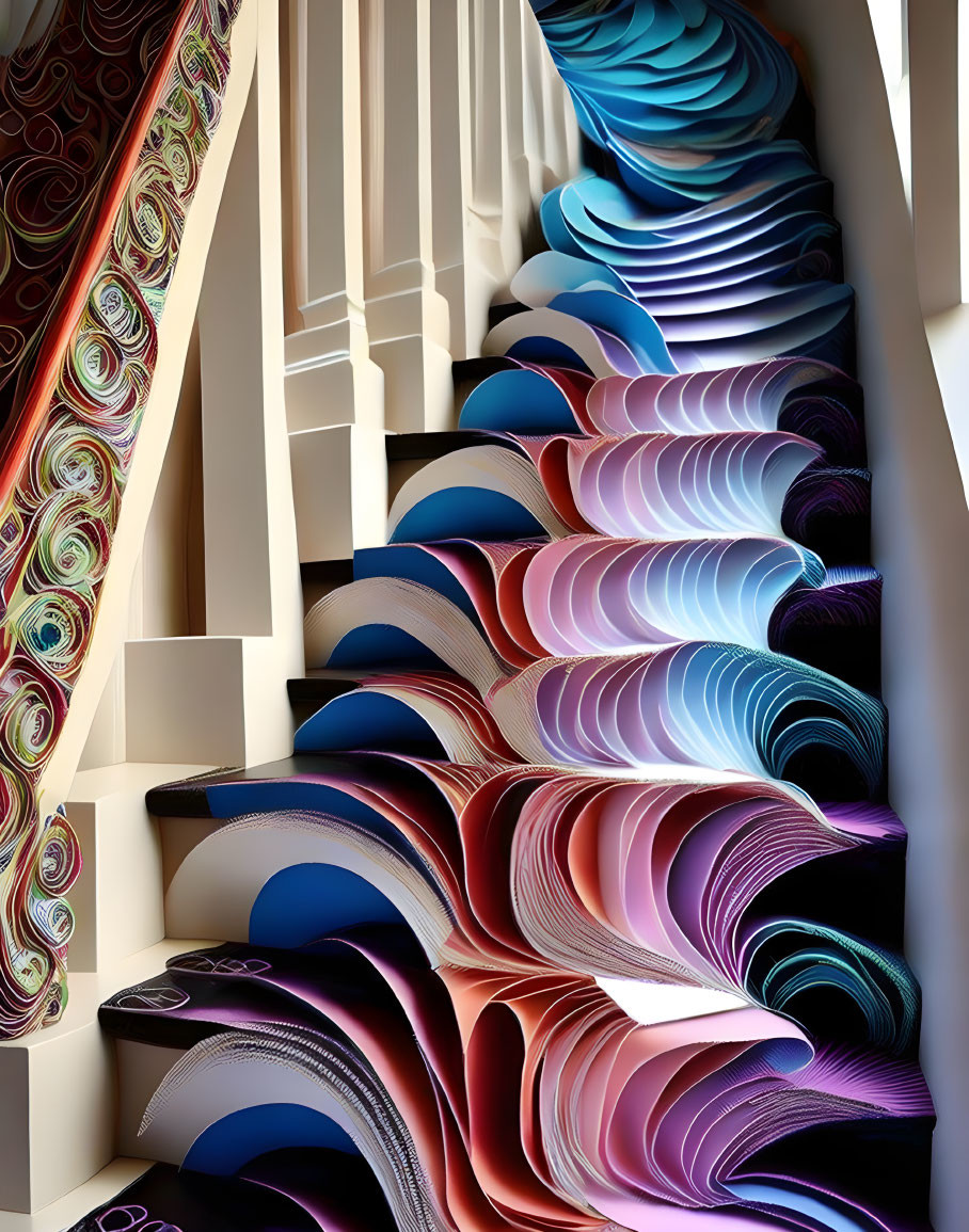 Colorful Wavy Patterns on Intricate Staircase with Geometric Shadows
