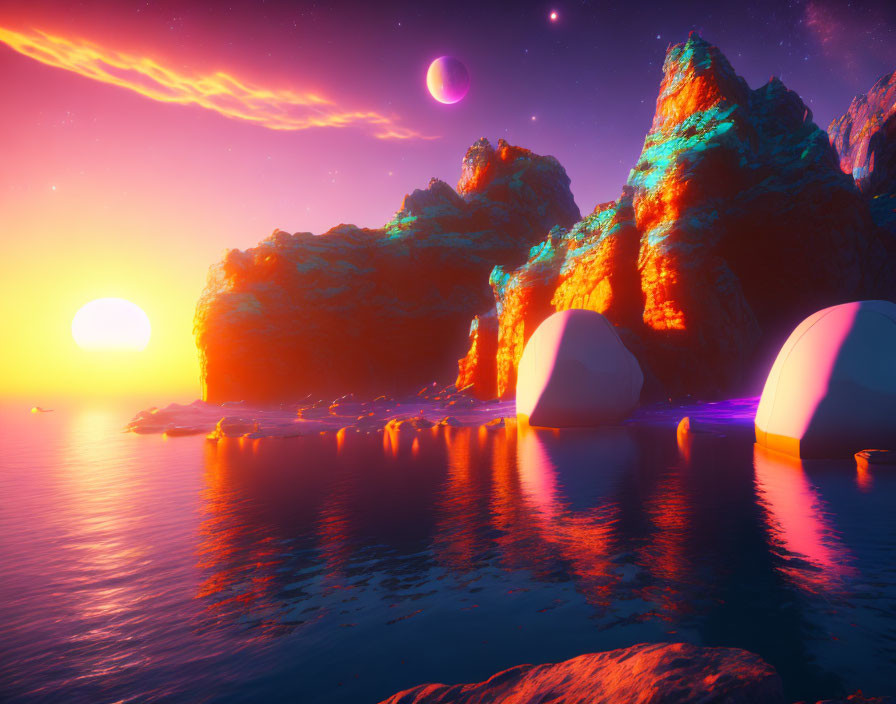 Colorful sunset over multiple moons in a mystical landscape