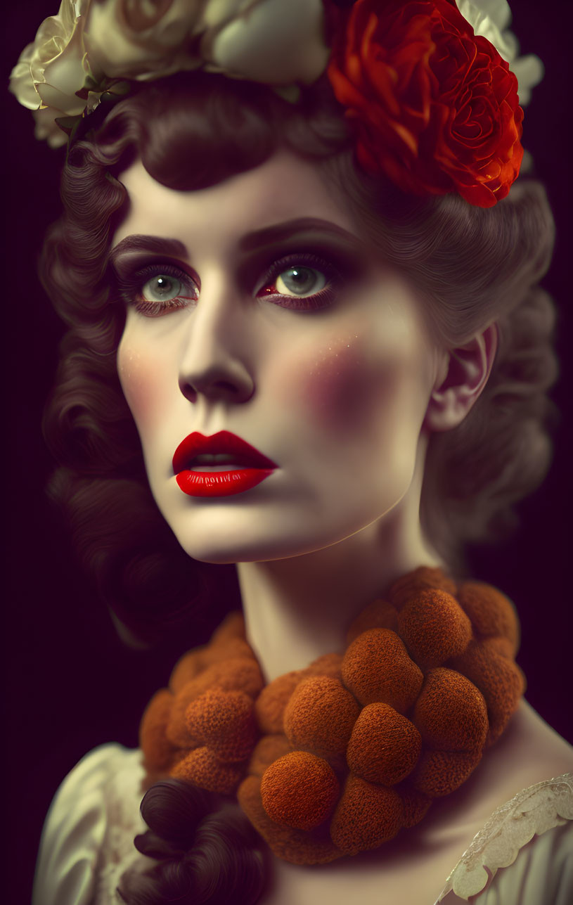 Vintage-Style Portrait of Woman with Curly Hair, Striking Makeup, Red Flower, and Bold