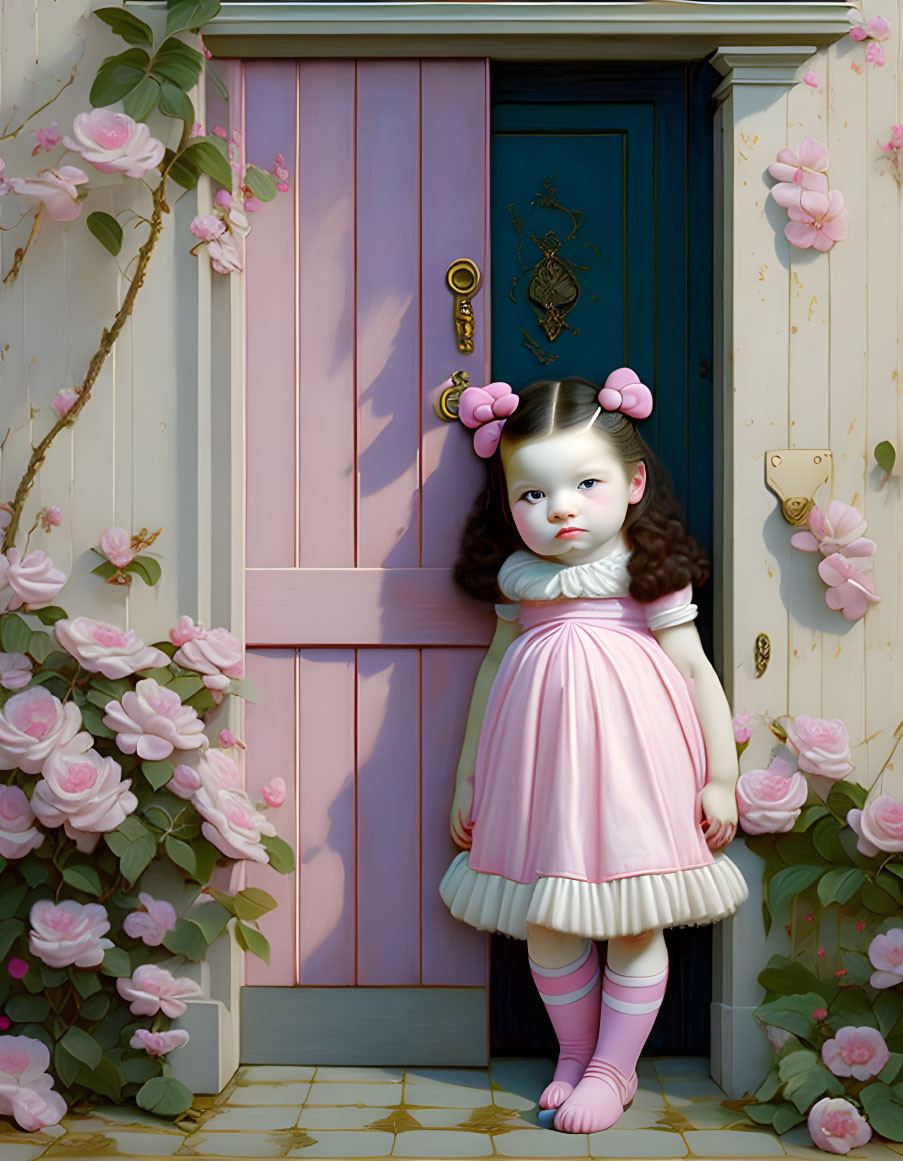 Digital artwork featuring girl in pink dress by whimsical blue door with pink roses and butterflies