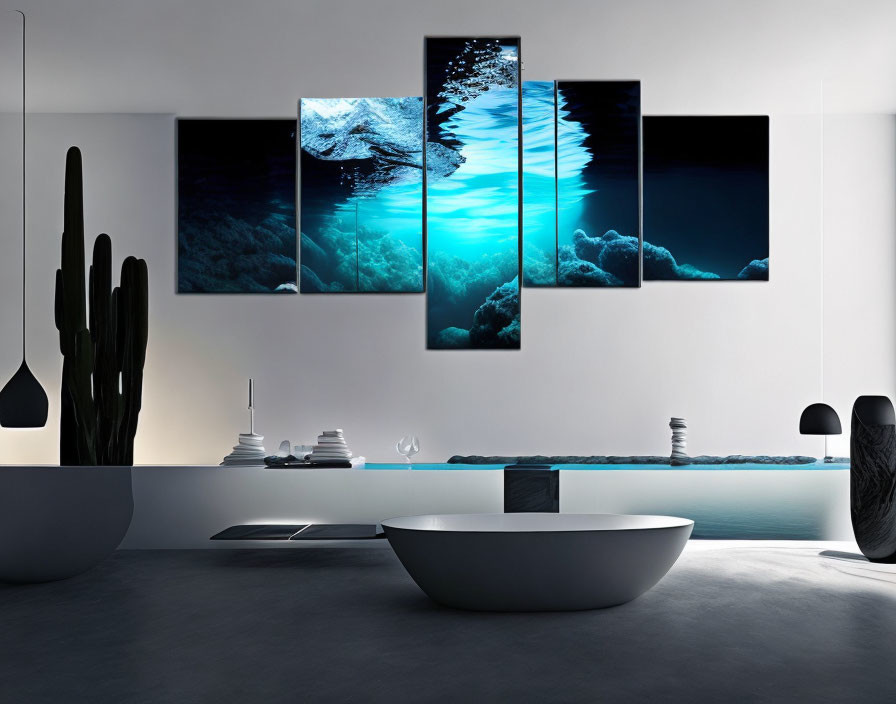 Minimalist Modern Room with Multi-Panel Ocean Wall Art & Abstract Sculptures
