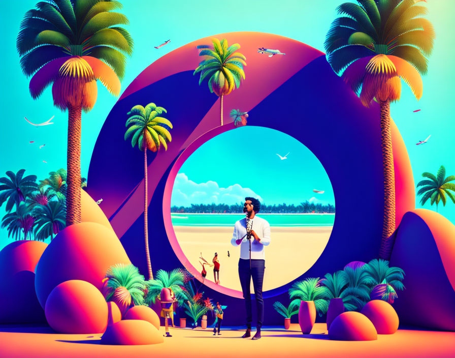 Colorful Beach Scene with O-shaped Structure and Palm Trees