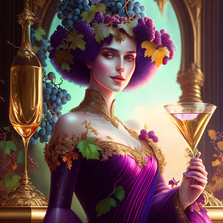 Woman in grape attire with champagne glass and golden bottle against regal backdrop