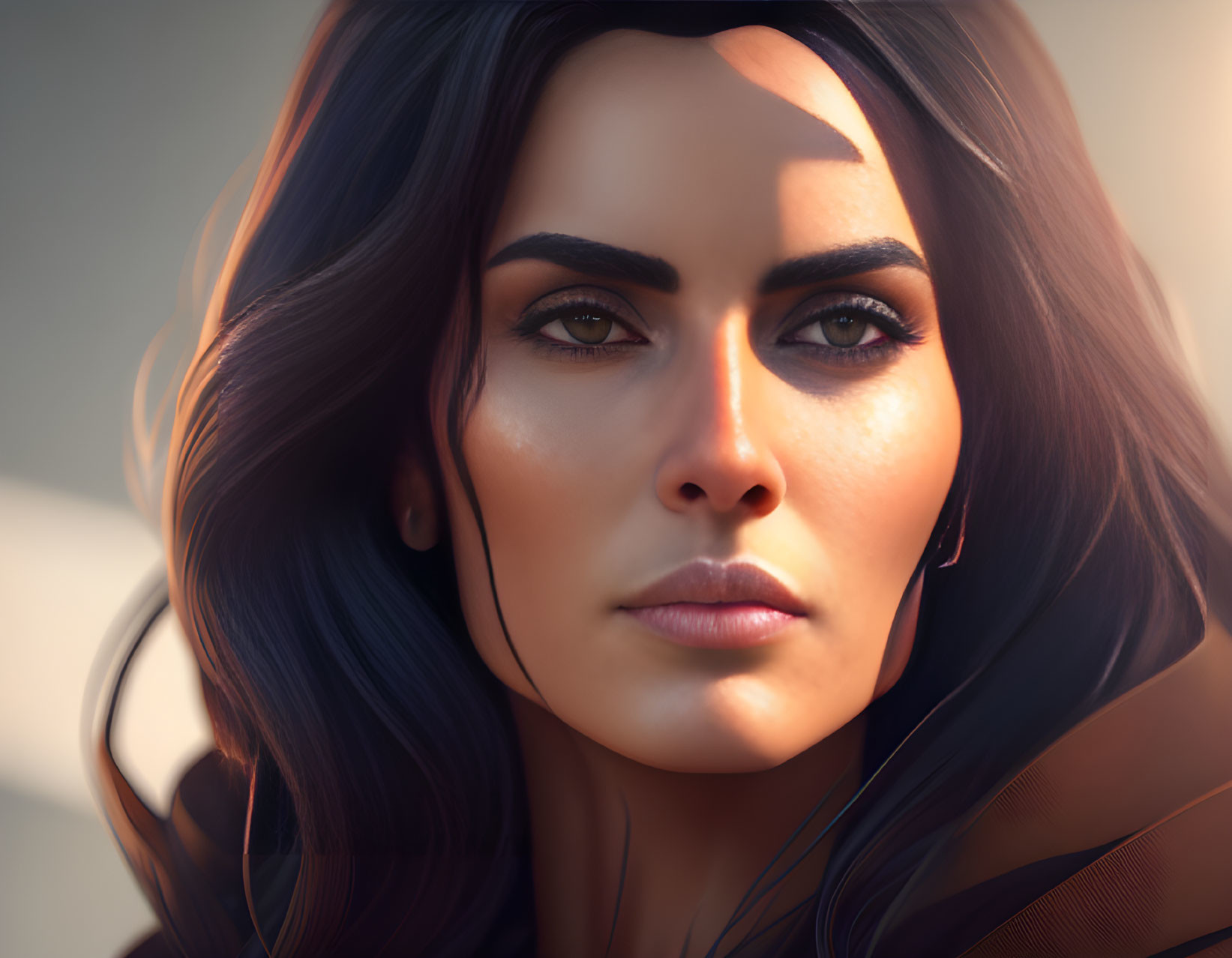 Detailed digital illustration of woman with dark hair and intense brown eyes.