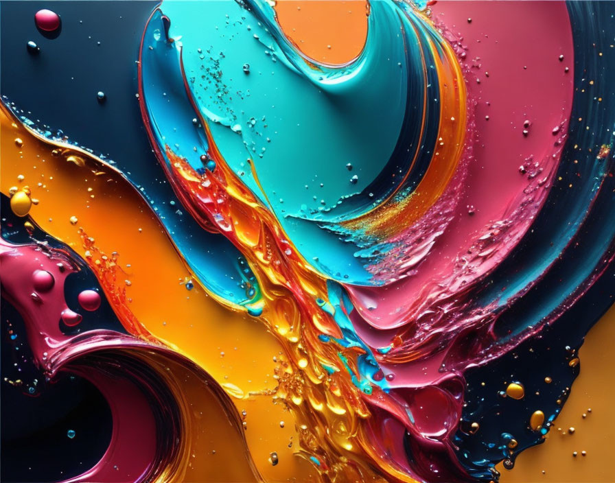 Vibrant Blue, Orange, and Pink Abstract Paint Swirls with Suspended Droplets