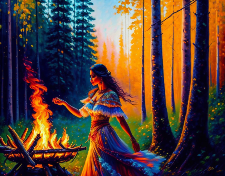 Traditional Attire Dance Performance by Campfire in Sunlit Forest