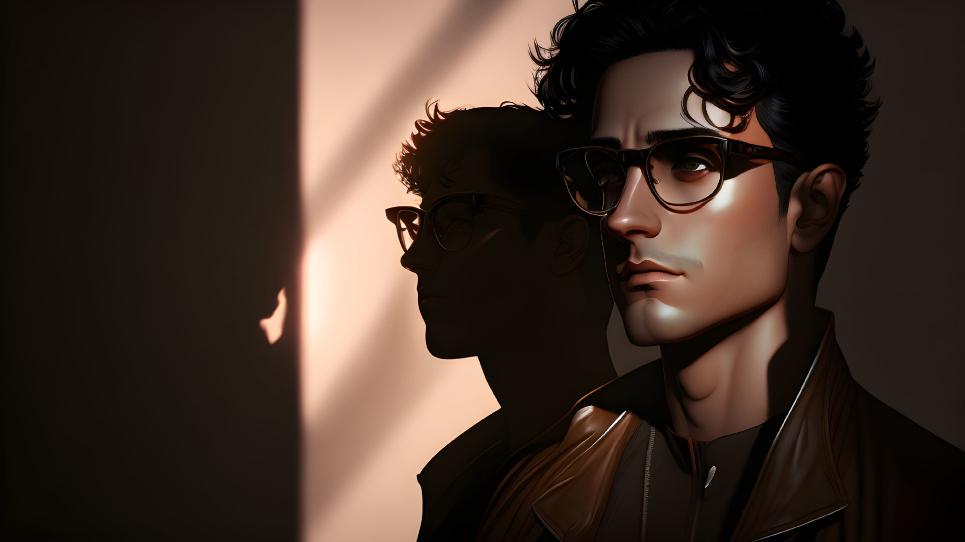 Stylized digital portrait of man with glasses in dimly lit room