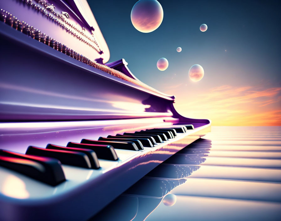 Surreal image: Piano keyboard merges with colorful sunset and floating orbs
