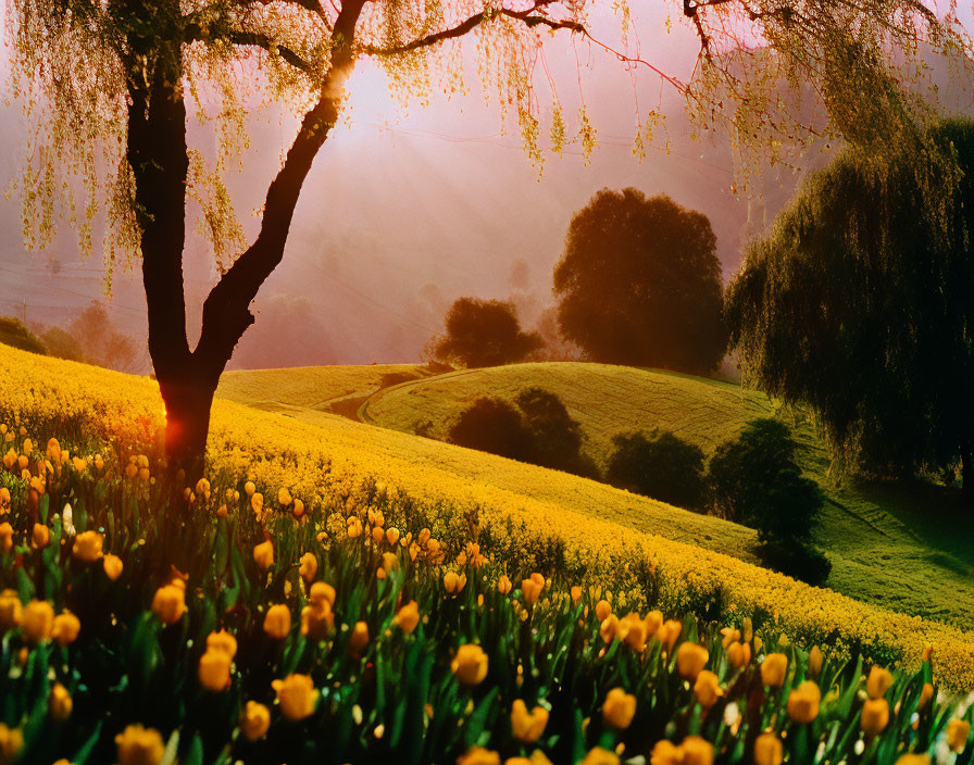 Vibrant yellow tulip field at sunrise with weeping willow trees
