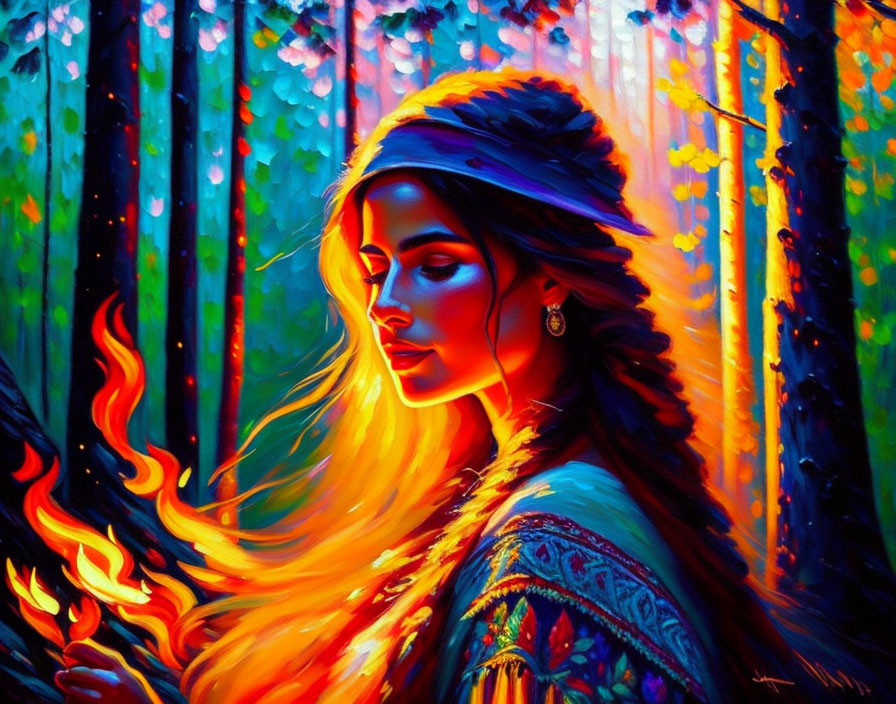 Woman with Golden Hair and Feathered Headdress in Enchanted Forest