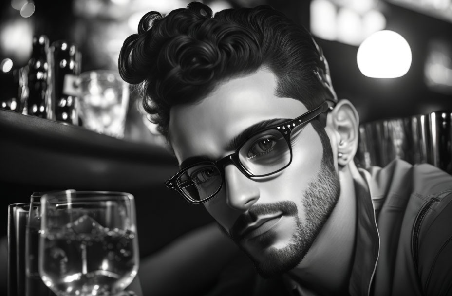 Monochrome illustration of young man with curly hair and glasses in bar setting