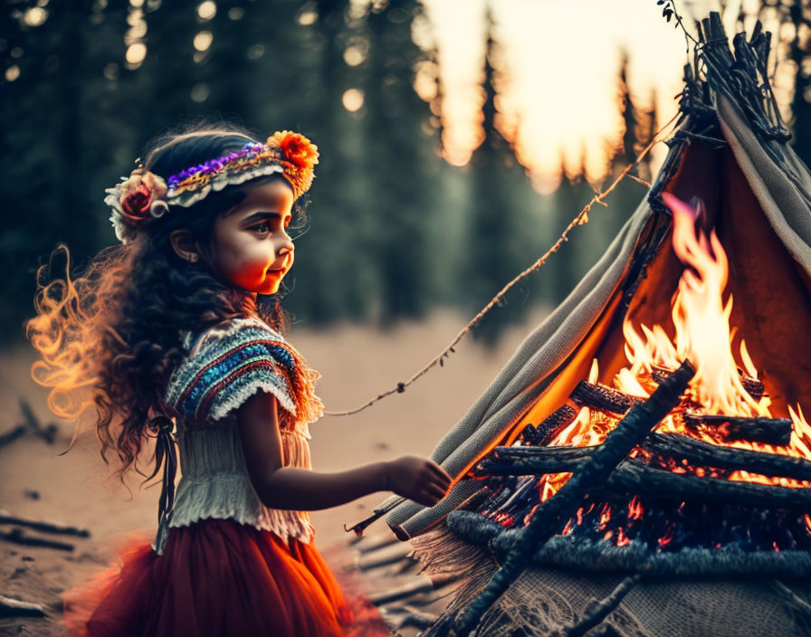 Young girl in colorful attire tending campfire in forest at dusk