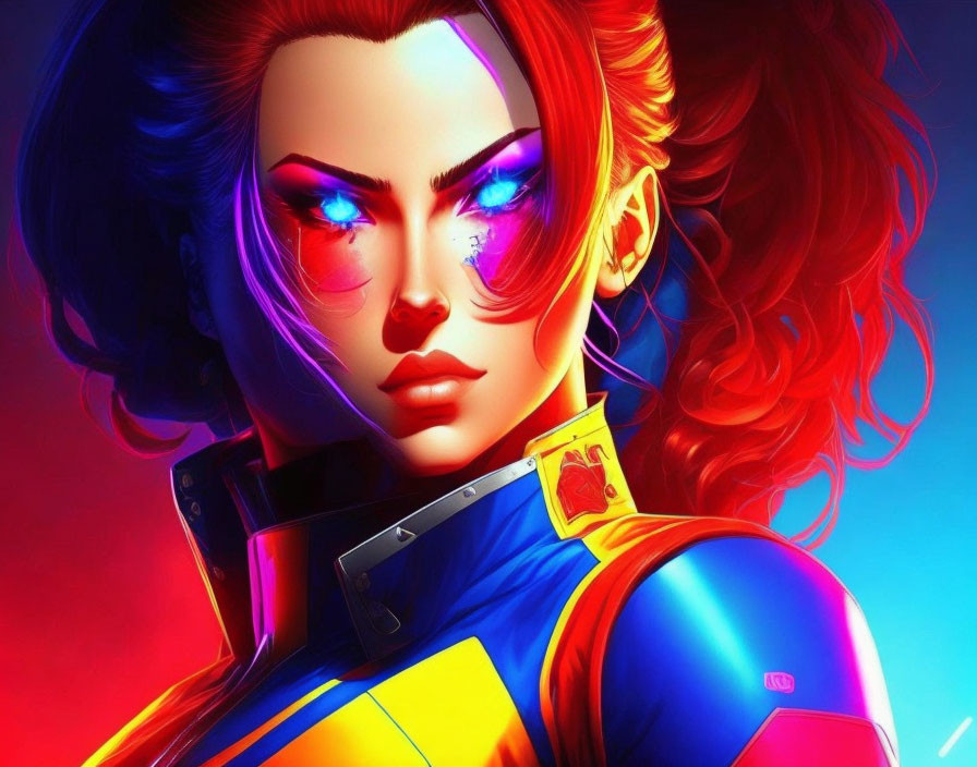 Colorful Female Superhero Illustration with Red Hair and Blue Eyes