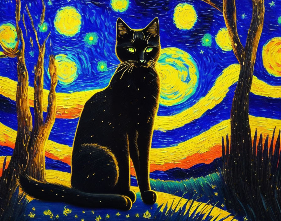 Cat in foreground of Starry Night-inspired scene with swirling stars and vivid blue sky