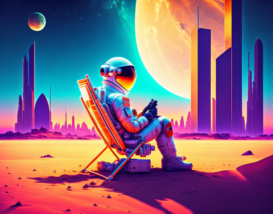 Astronaut lounging on alien planet with colorful sky and futuristic cityscape.