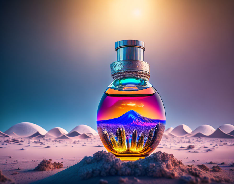 Glass perfume bottle with cityscape and mountains in colorful liquid desert landscape