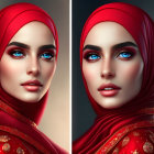 Side-by-side portraits of a woman in red hijab with striking makeup and clear skin, highlighting lighting