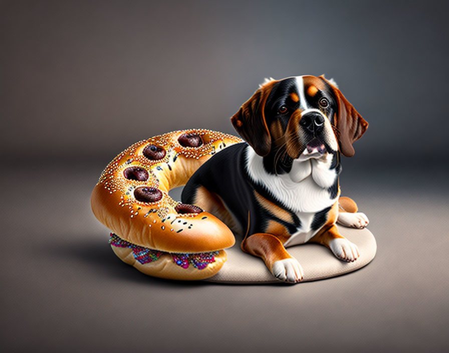 Swiss Mountain Dog with Pretzel-Shaped Pillow and Colorful Sprinkles