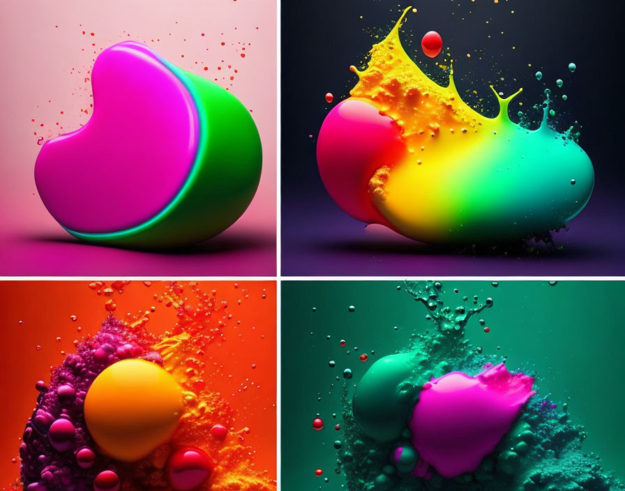 Colorful liquid splashes merge in dynamic shapes on monochromatic backgrounds