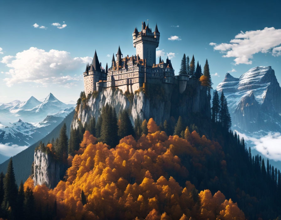 Castle on Cliff Surrounded by Autumn Forest, Mountains, Clear Sky