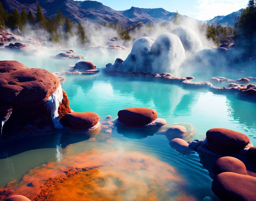 Turquoise Geothermal Hot Spring Surrounded by Red Rocks