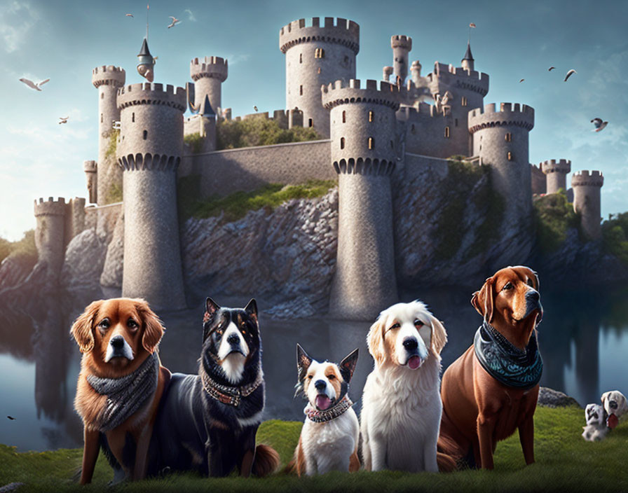 Four dogs in front of majestic castle under blue skies.