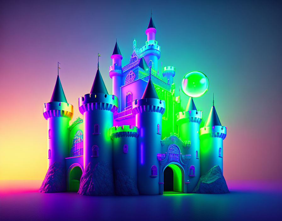 Colorful Fairy Tale Castle Illustration on Gradient Background