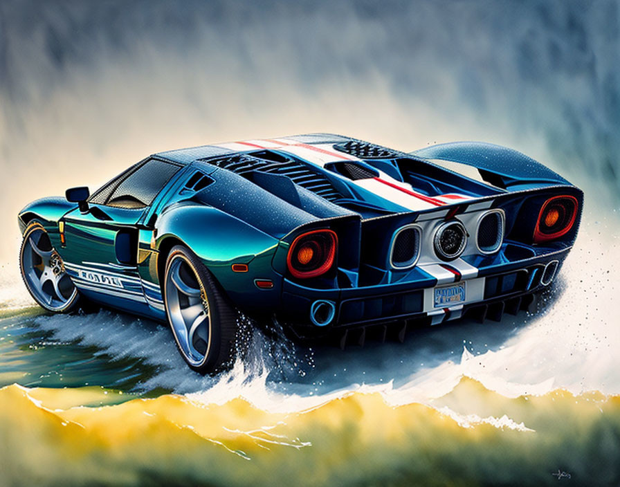 Blue Vintage Sports Car with Racing Stripes and Round Taillights Racing in Misty Scene