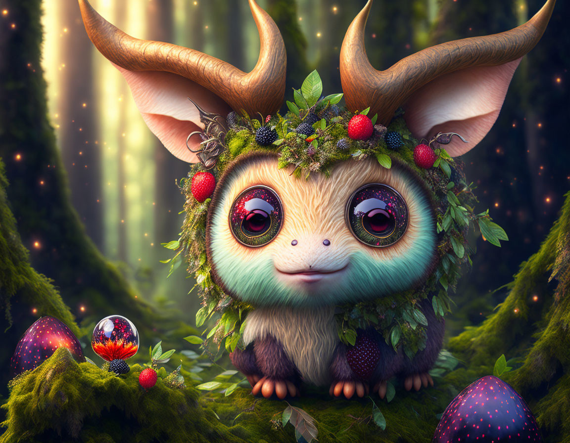 Fantastical creature with antlers in mystical forest and colorful eggs