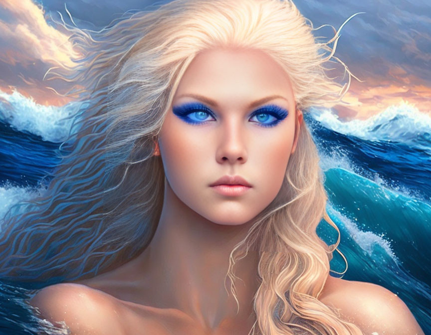 Digital artwork of woman with blue eyes and blond hair by stormy ocean.