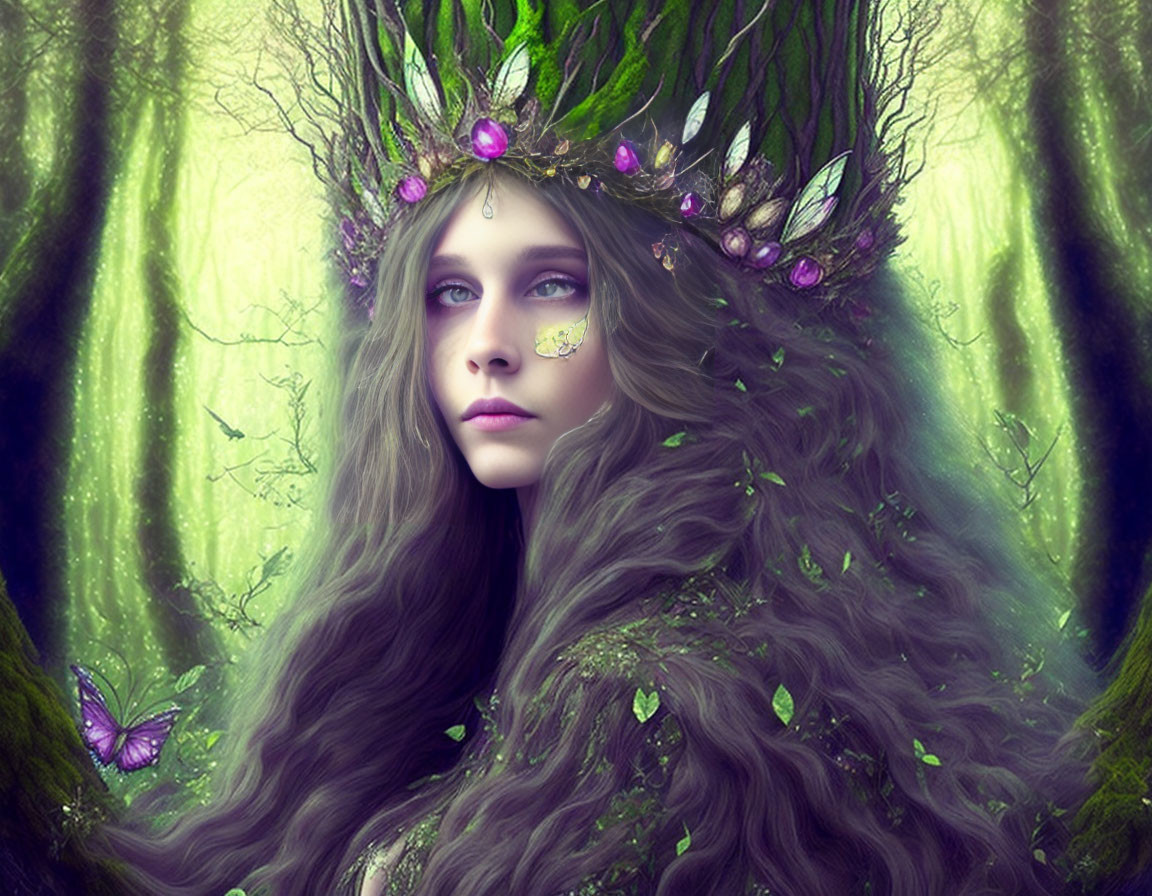 Woman with Long Flowing Hair Wearing Branch Crown in Enchanted Forest