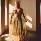 Regal woman in golden gown and crown in sunlit room with shadows.