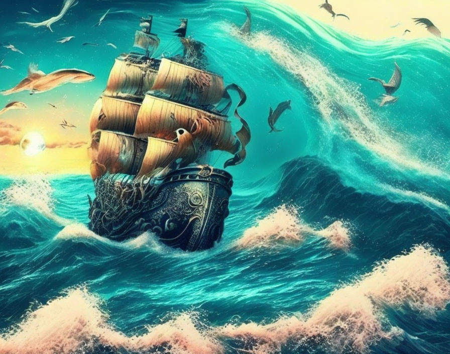 Vintage ship with tattered sails navigating teal ocean waves at sunset with birds