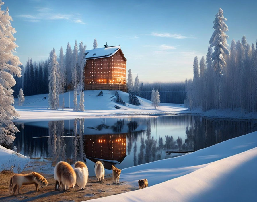 Winter cabin reflected in lake with snow-covered trees & animals