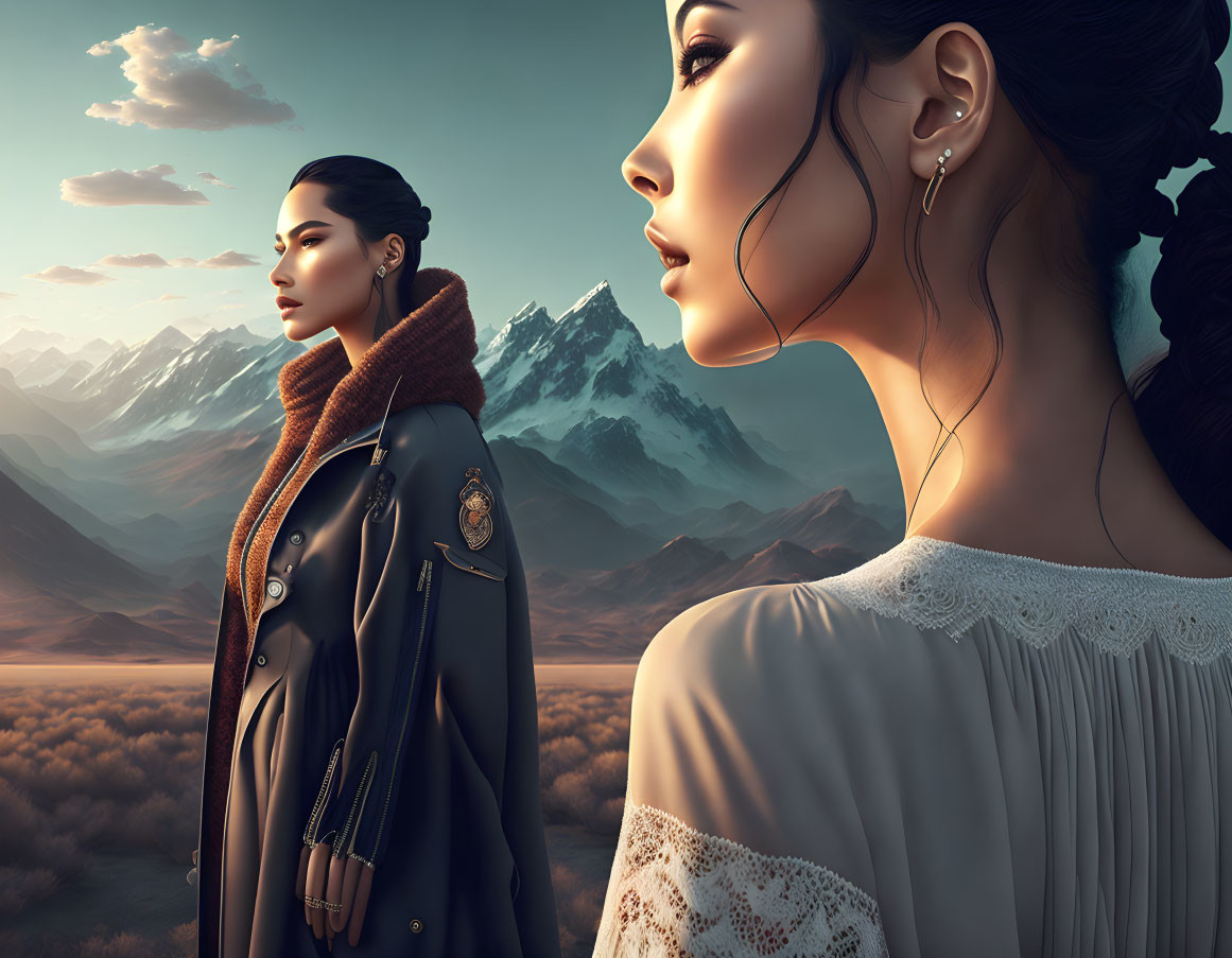Two women in surreal landscape with one in coat and distant gaze, other in profile with detailed hair and