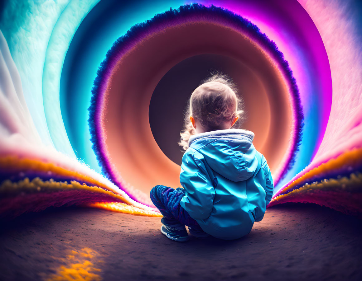 Colorful Tunnel Tube Entrance with Toddler Gazing at Swirling Rainbow Patterns