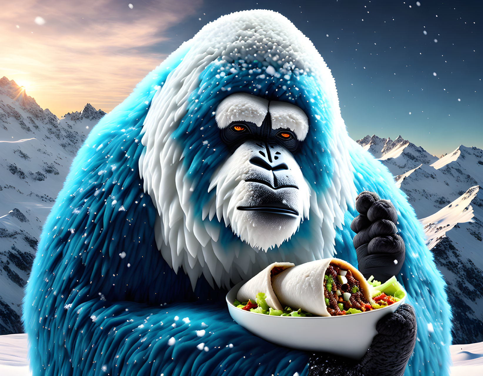 Colorful Blue Gorilla Holding Burrito in Snowy Mountain Sunset Scene