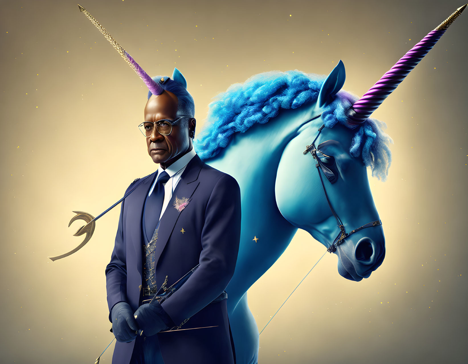 Surreal image: man in suit with unicorn head on golden backdrop