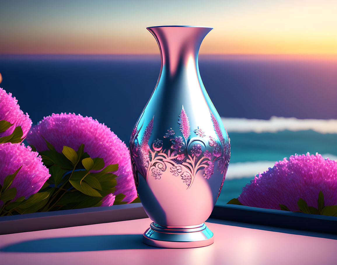 Pink Floral Patterned Vase Near Blooming Hydrangeas and Ocean Sunset