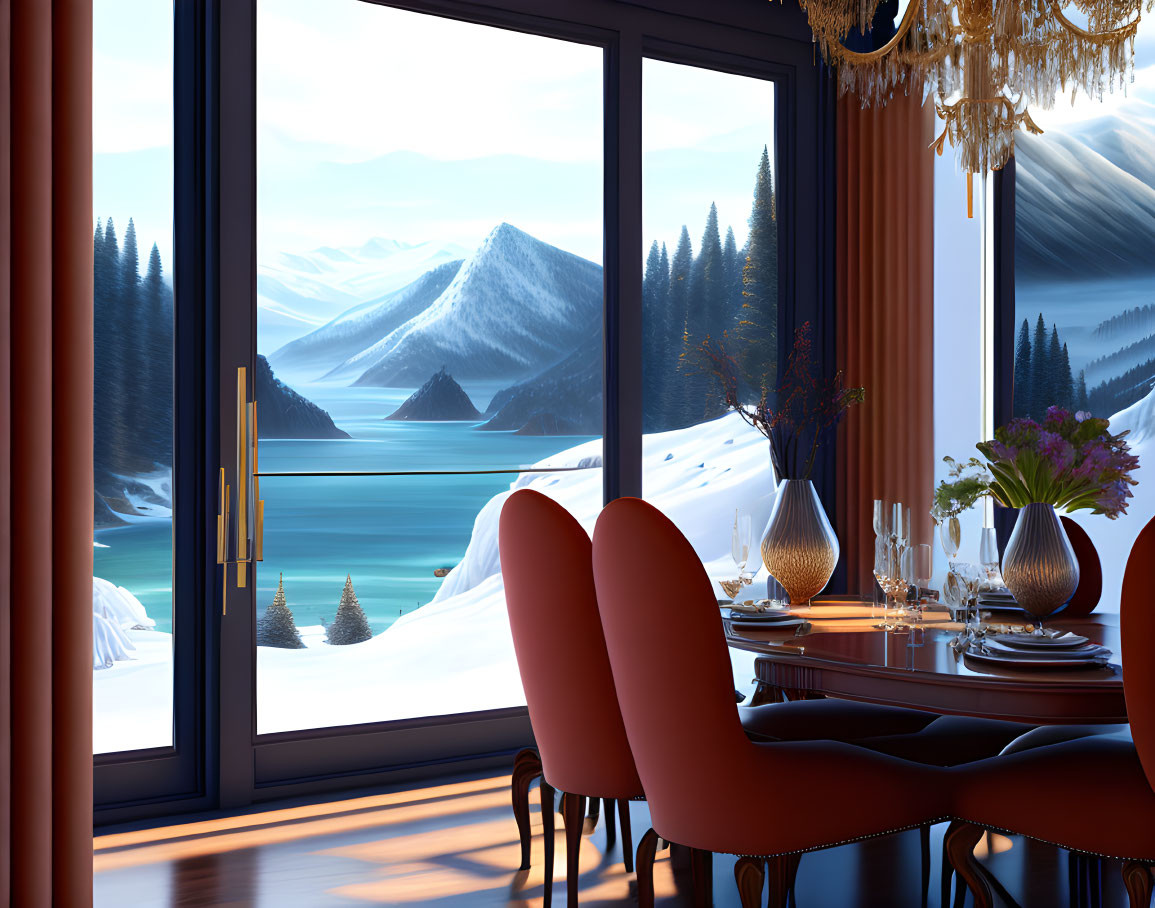Elegant dining room with snowy mountain view