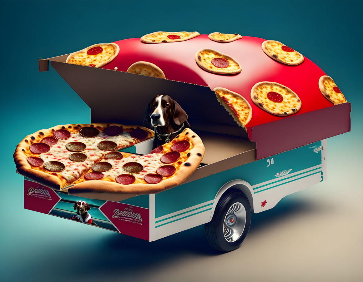 Dachshund in Pizza Box Car on Teal Background