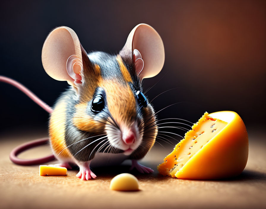 Colorful Fur Mouse Gazing at Cheese on Wood